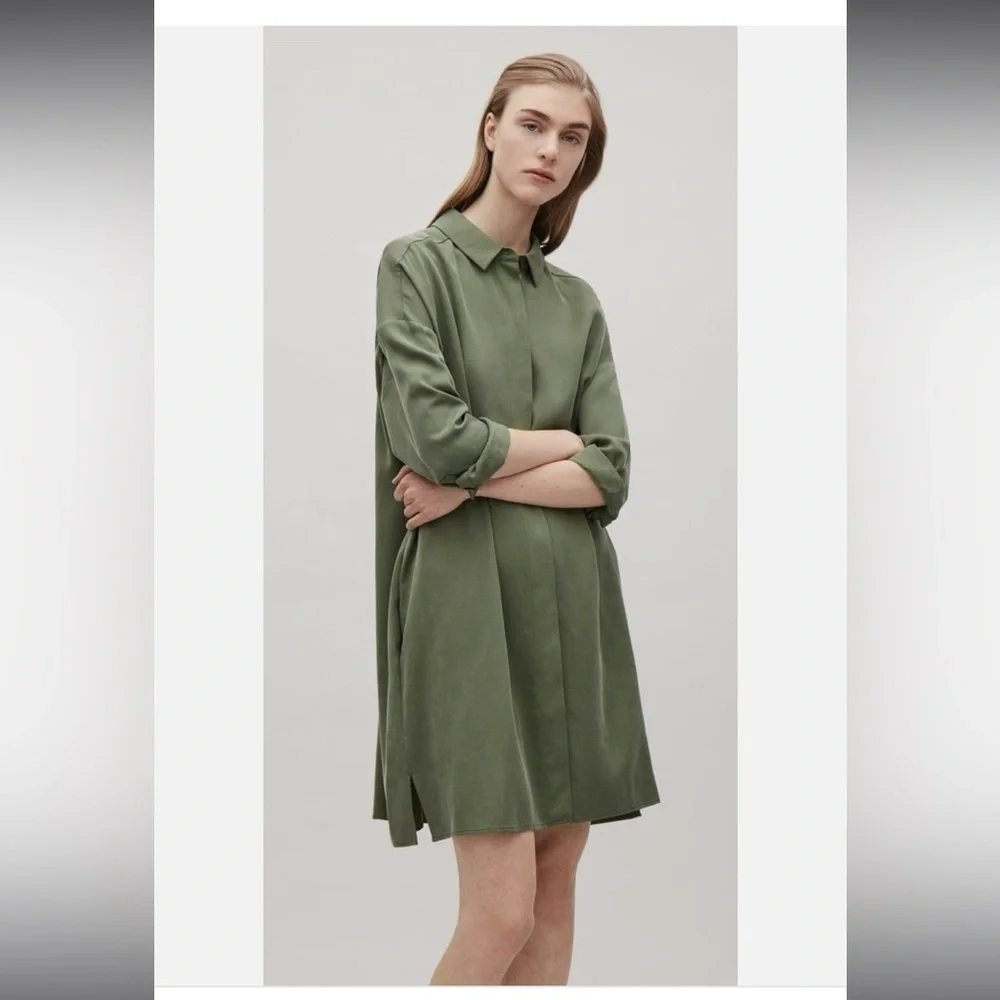 COS Army Green Minimalist Shirt Dress Tunic Size 44 US 12 - Picture 1 of 12